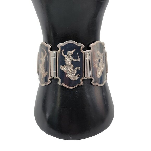 Siam Sterling Silver Bracelet 925 Niello Hindu Goddess Enamel Hinged Panel SZ 7 - Picture 7 of 16